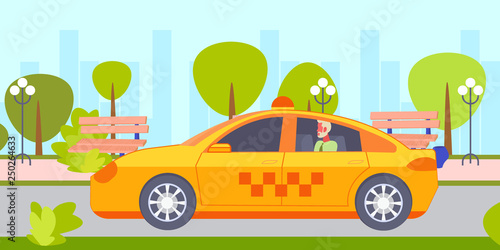 businessman sitting back seat with open window in yellow taxi cab serious businessman passenger going to office cityscape background flat horizontal