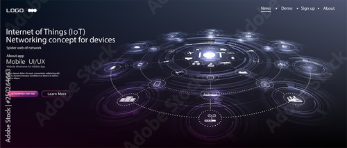 landing page IoT. Internet of things  devices and connectivity concepts on a network. Spider web of network connections with on a futuristic blue background. IOT icons