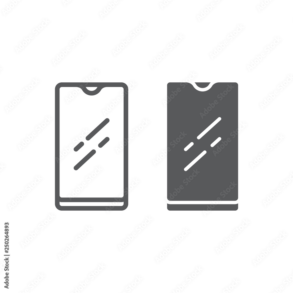 Smartphone with waterproof camera line and glyph icon, device and communication, phone sign, vector graphics, a linear pattern on a white background. Smartphone with waterproof camera line and glyph icon, device and communication, phone sign, vector graphics, a linear pattern on a white background.