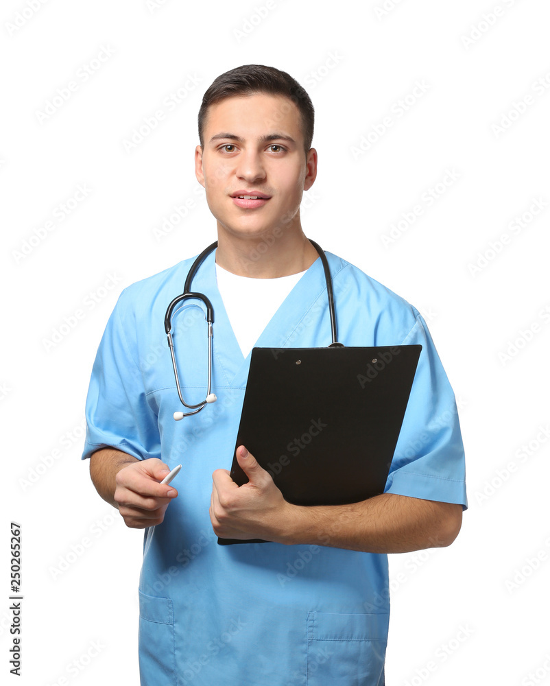 Male doctor with clipboard on white background Male doctor with clipboard on white background