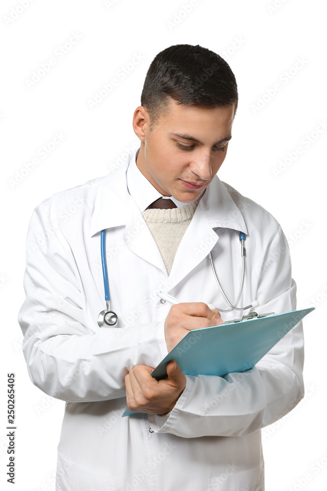 Male doctor with clipboard on white background Male doctor with clipboard on white background