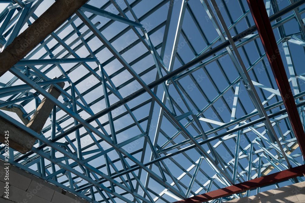 Structure of steel roof frame for building construction.