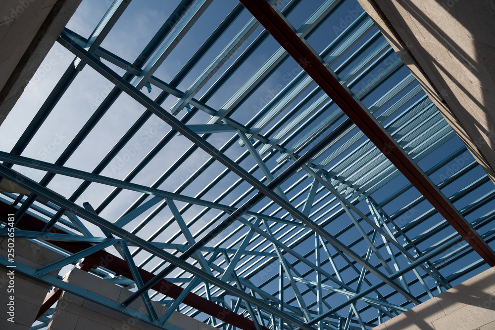 Structure of steel roof frame for building construction.