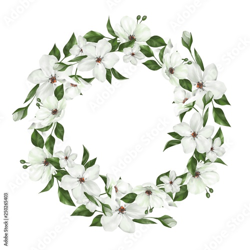 White design round frame. Wedding greenery banner. Apple flowers. Spring background for design