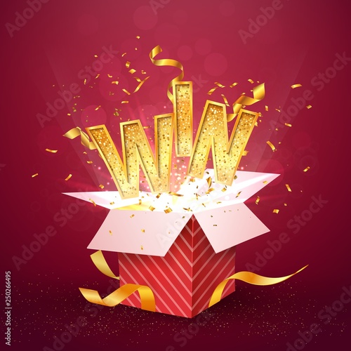 WIN gold text flies out of the red gift box. Isolated open textured red box with confetti explosion inside and golden win word. Flying particles from giftbox vector illustration on red background