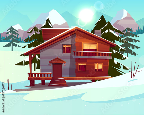 Vector cartoon background with a luxury hotel in snowy mountains, green forest. Wooden living apartment, chalet of winter resort for skiing, snowboarding. Colorful backdrop with the modern cottage.