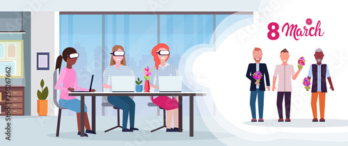 businesswomen wearing digital glasses virtual reality mix race businessmen with flowers headset vision international 8 march holiday concept office