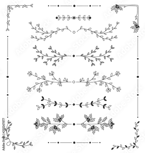 Hand drawn floral borders set. Decorative elements, floral patterns.