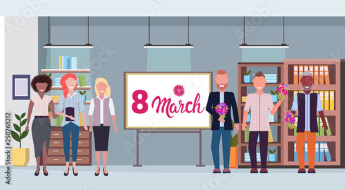 businessmen congratulating businesswomen happy 8 march womens day concept mix race men giving flowers women office conference room interior full length horizontal