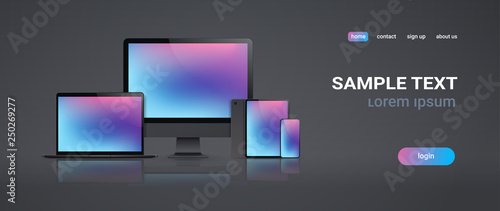 electronic devices mockup set laptop monitor tablet and smartphone with colorful screen digital technology concept gray background horizontal copy space