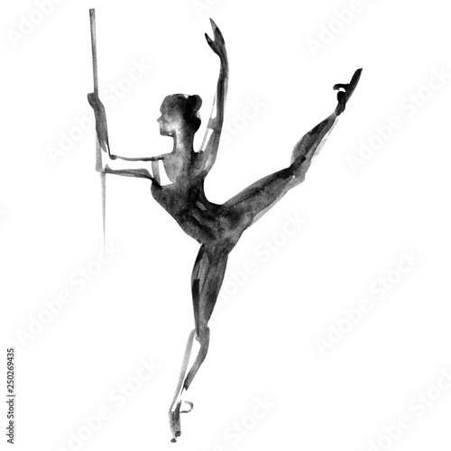 Ballerina in dance. Ink dancer. Watercolor black on white background. © Natali_Mias