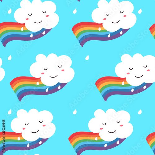 Seamless pattern funny kawaii cloud on the rainbow.Vector illustration