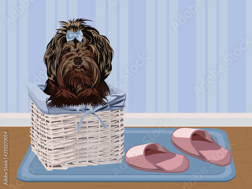 Dog in a basket. Vector illustration.