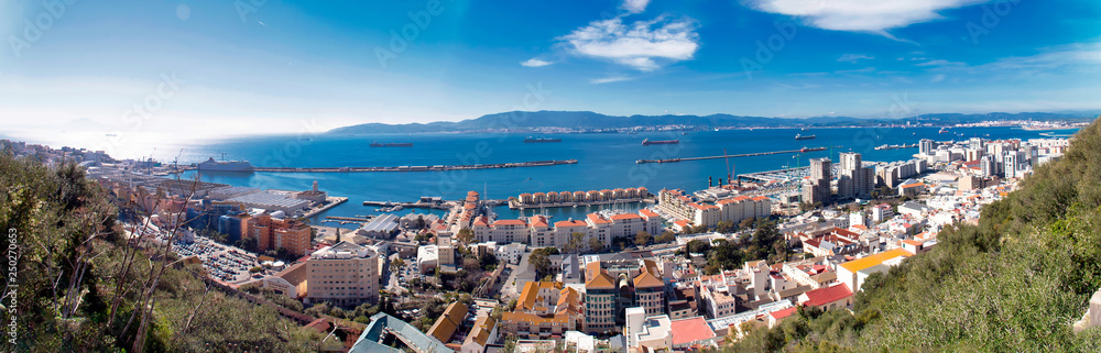 Awesome panoramic view of Gibraltar city and the bay of Algeciras, seen from the top of the rock