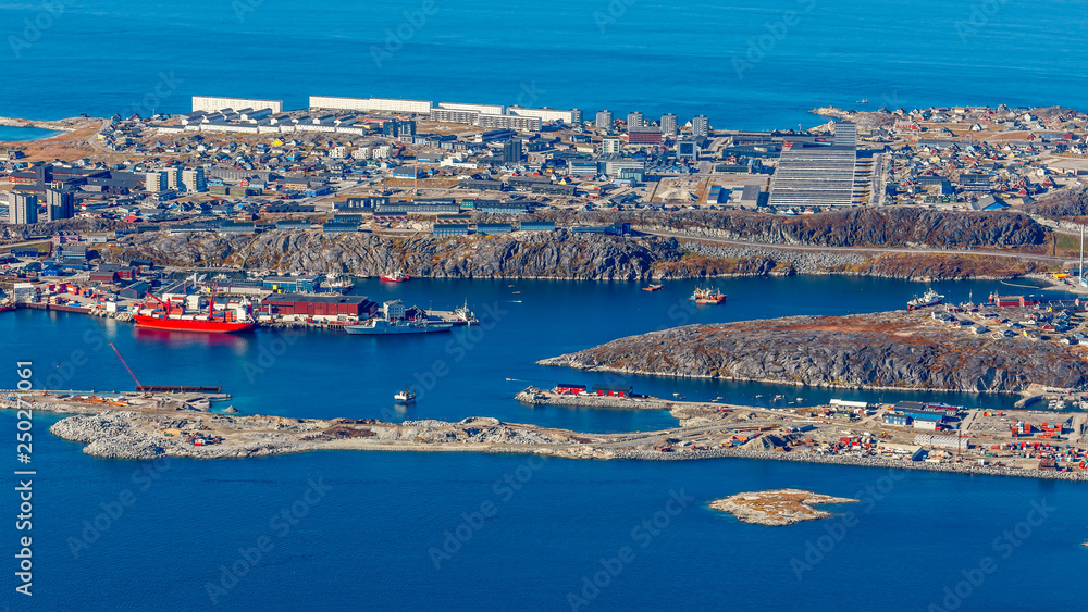 Nuuk city downtown and port panorama view from the top of Store