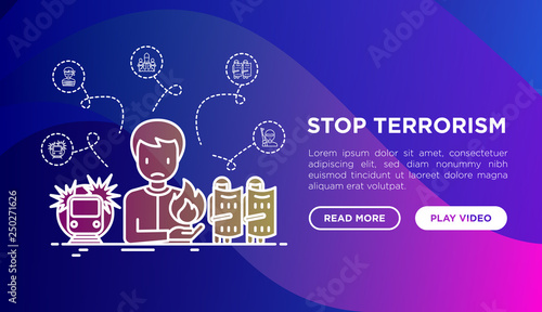 Stop terrorism web page template with thin line icons: terrorist, civil disorder, national army, hostage, suicide, bomber. Vector illustration on gradient background.