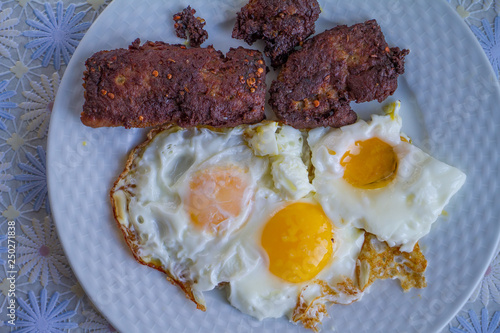 fried eggs with bacon and bacon