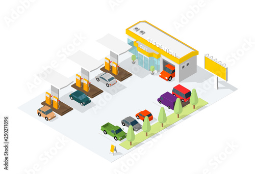 Filling station parking. Refilling fuel, road shop, repair service. Petroleum gas station and cars. Petrol tank, gasoline. Colorful vector isometric view.
