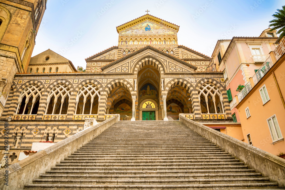 View of the Cathedral of St Andrea and the steps leading to it from the Piazza del Duomo in Amalfi, Italy