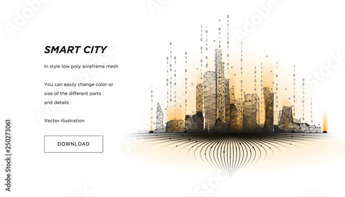 Fototapeta Naklejka Na Ścianę i Meble -  Smart city low poly wireframe on white background.City hi tech abstract or metropolis.Intelligent building automation system business concept.Polygonal space low poly with connected dots and lines.Vec