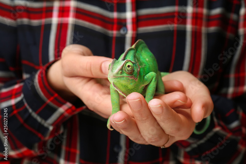 Woman holding cute green ch...