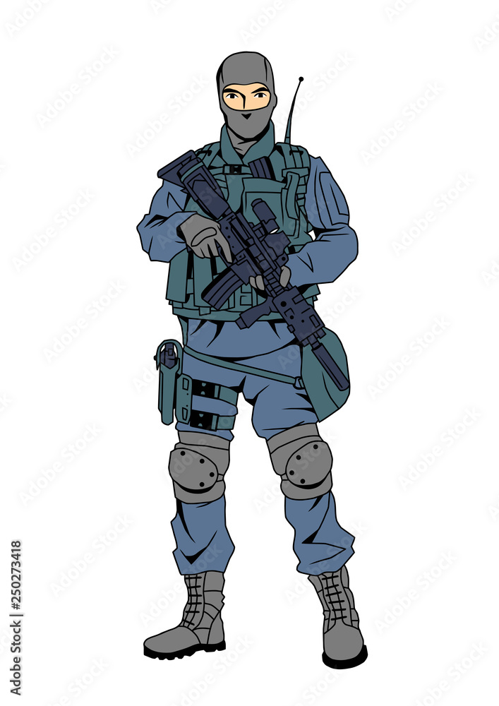 special forces police officer, cartoon, character, color, drawing, illustration, vector