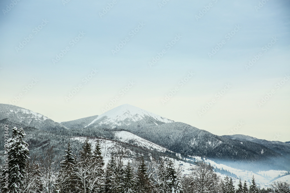 Beautiful landscape with mountains on winter day