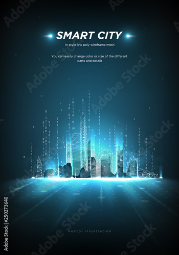 Smart city low poly wireframe on blue background.City future abstract or metropolis.Intelligent building automation. Binary code stream. Polygonal space low poly with connected dots and lines.Vector