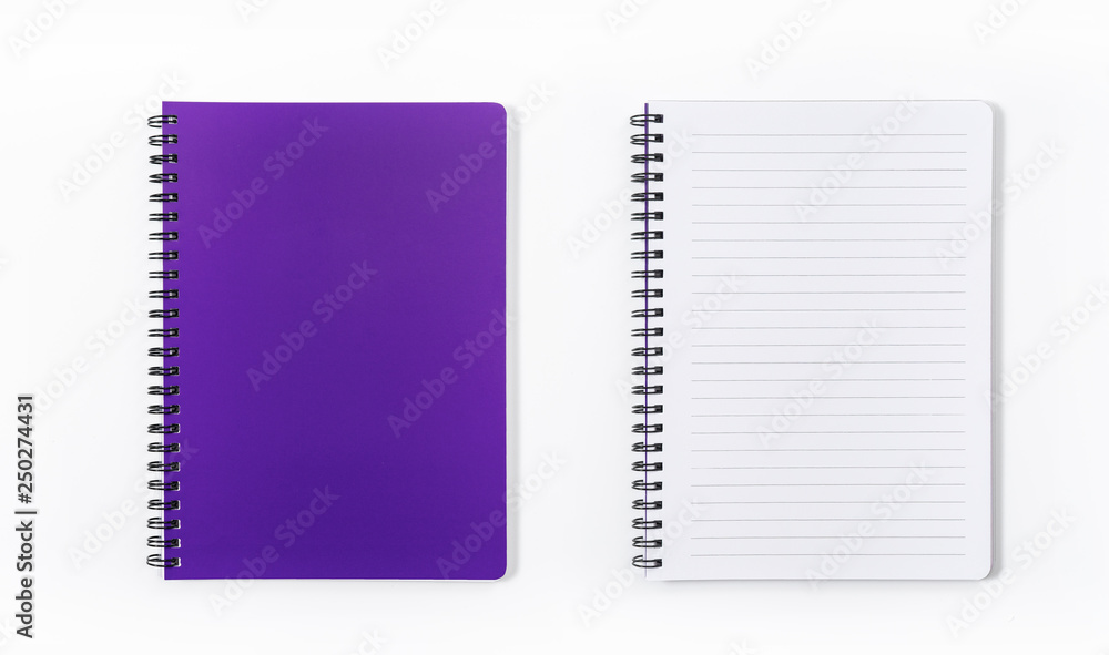 Business concept - Top view collection of spiral kraft notebook front, purple And white open page isolated on background for mockup Business concept - Top view collection of spiral kraft notebook front, purple And white open page isolated on background for mockup