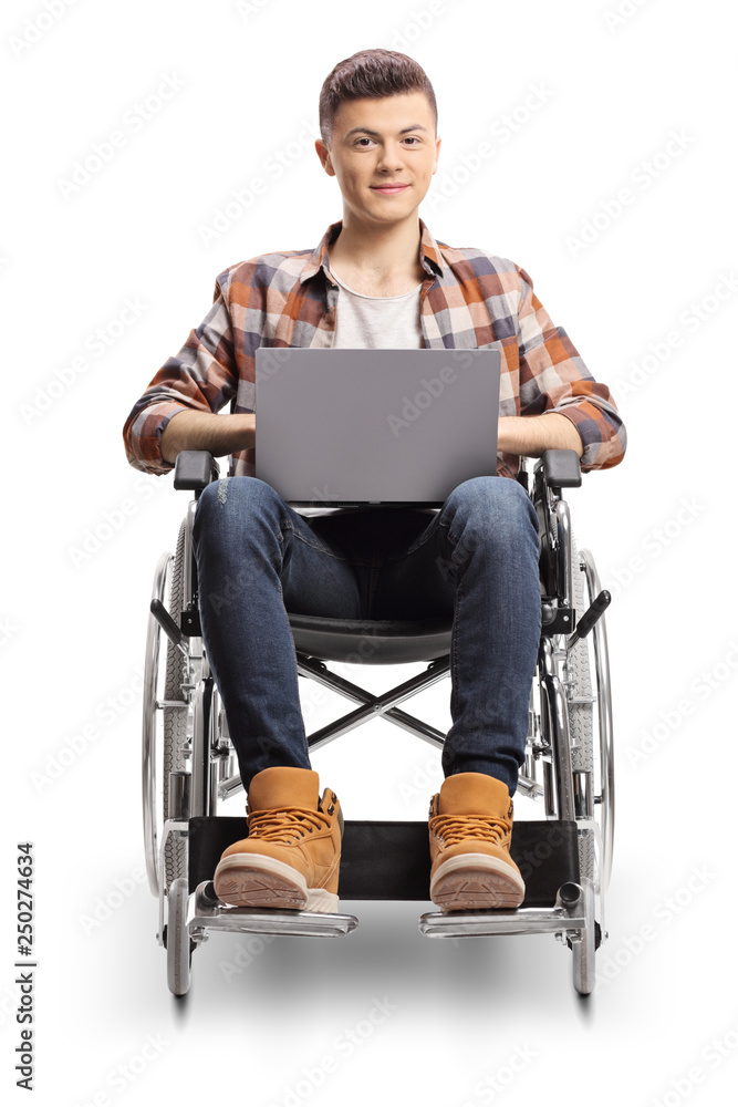Smiling young guy in a wheelchair with a laptop Smiling young guy in a wheelchair with a laptop