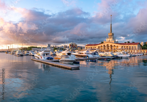 Sochi Marine Station and the yacht pier at sunset. photo