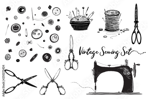 Sewing Machine Hobby Scissors Vintage Set. Old fashioned sewing kit design set, vintage isolated sew items.