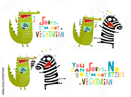 Crocodile and Zebra Fun Vegetarian Cartoon