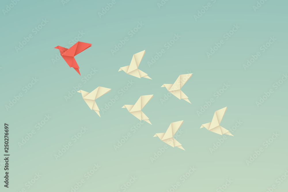 vector business finance leadership concept with origami red paper bird leading among white. Symbol leadership, strategy, mission, objectives - obrazy, fototapety, plakaty 