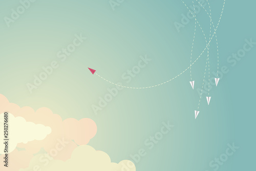 Minimalist style red airplane changing direction and ones. New idea, change, trend, courage, creative solution,business, innovation and unique way concept