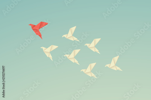 vector business finance leadership concept with origami red paper bird leading among white. Symbol leadership, strategy, mission, objectives