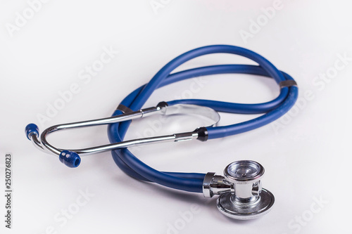 Stethoscope or phonendoscope, medical device for auscultation, medical equipment on white background.