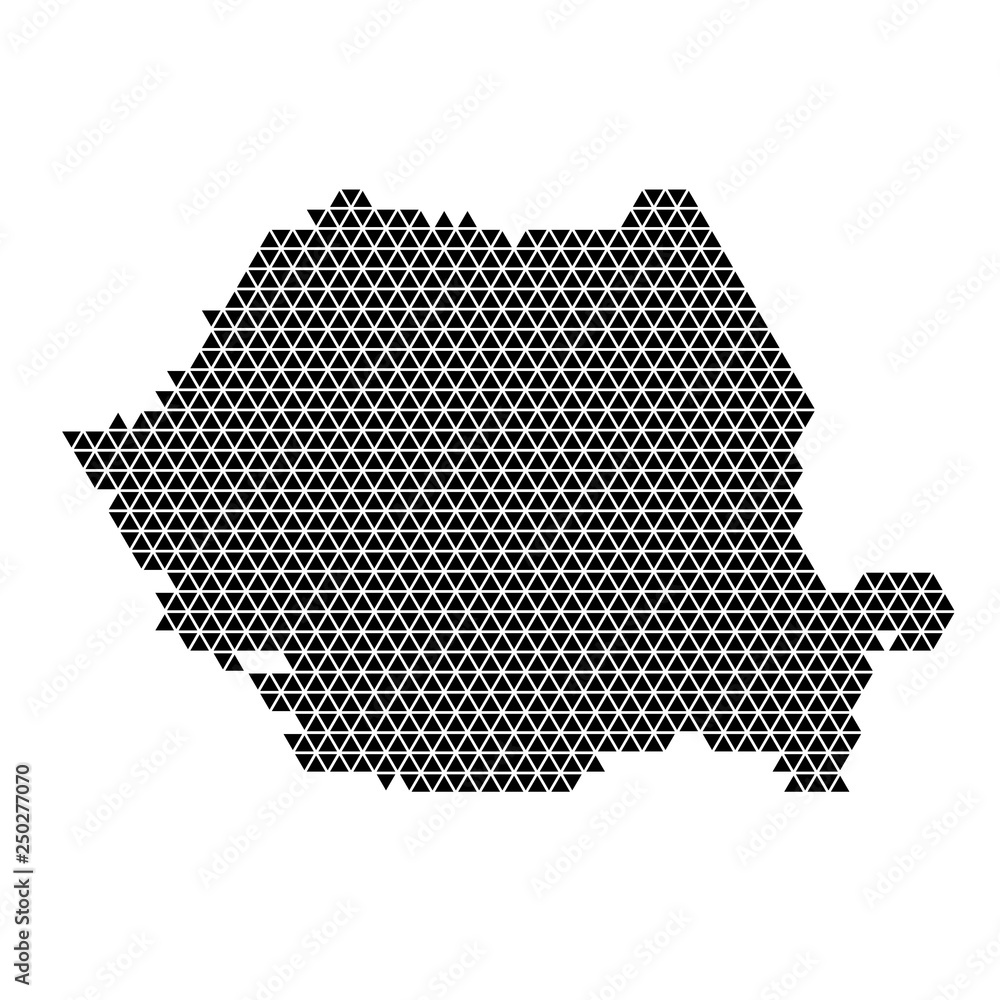 Romania map abstract schematic from black triangles repeating pattern geometric background with nodes. Vector illustration.