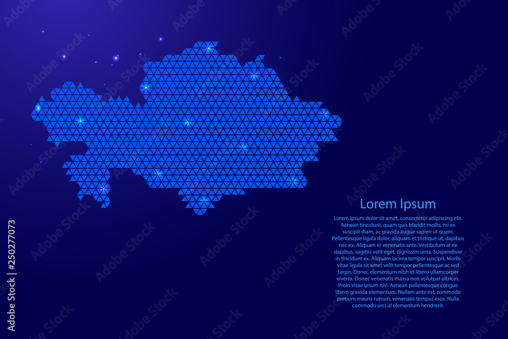 Kazakhstan map abstract schematic from blue triangles repeating pattern geometric background with nodes and space stars for banner, poster, greeting card. Vector illustration.