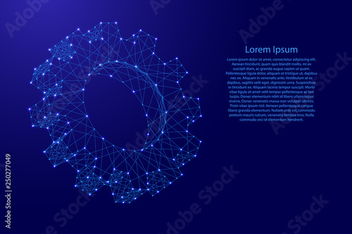 Gear machine one single 3d volume from futuristic polygonal blue lines and glowing stars for banner, poster, greeting card. Vector illustration.