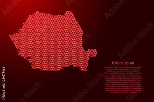 Fotografie Romania map abstract schematic from red triangles repeating pattern geometric background with nodes for banner, poster, greeting card