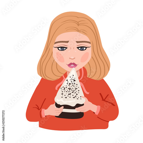 Redhead girl eats big piece of cake