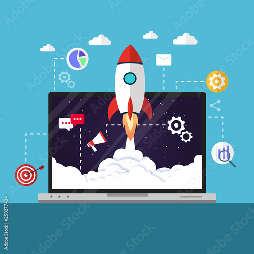 Web start up flat style. Rocket flight, promotion SEO, laptop, and launch, vector illustration. can be used for landing pages, templates, UI, web, mobile applications, posters, banners, leaflets