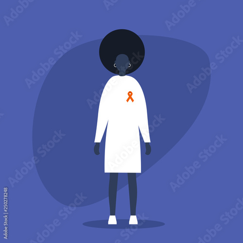 Young black female character wearing a red ribbon badge. World AIDS Day. HIV. Support. Protection and Prevention. Flat editable vector illustration, clip art
