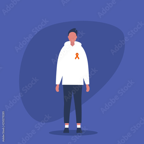 Young male character wearing a red ribbon badge. World AIDS Day. HIV. Support. Protection and Prevention. Flat editable vector illustration, clip art