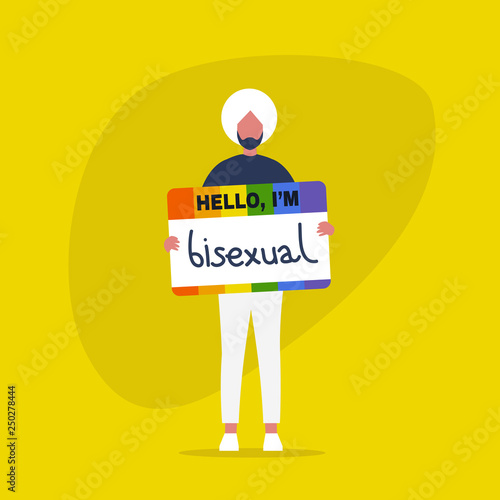 Hello, I'm bisexual. Open homosexuality. Coming out. Young character introducing himself as a part of the LGBT community. Flat editable vector illustration, clip art