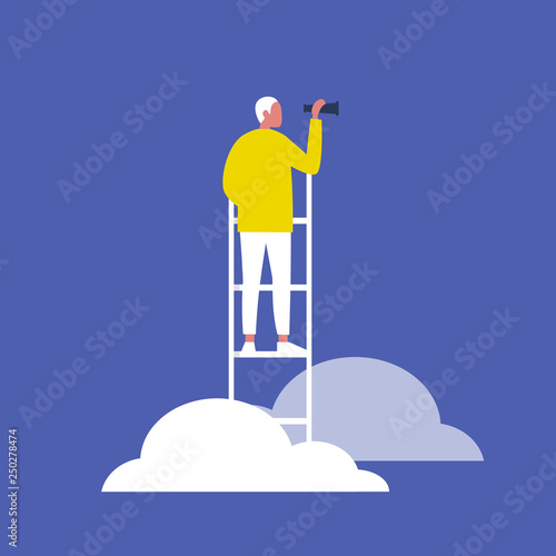 Young blonde male character standing on a ladder in the clouds and holding a spyglass. Business strategy. Success. Flat editable vector illustration, clip art