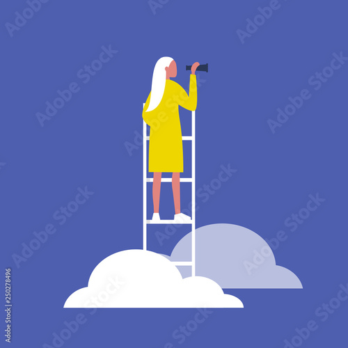 Young blonde female character standing on a ladder in the clouds and holding a spyglass. Business strategy. Success. Flat editable vector illustration, clip art