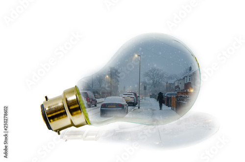 A composite of a winter street scene in a light bulb