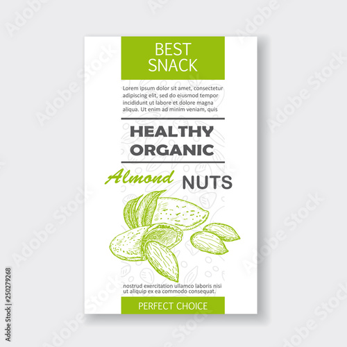 Healthy almond nut vertical label. Vector packaging design.